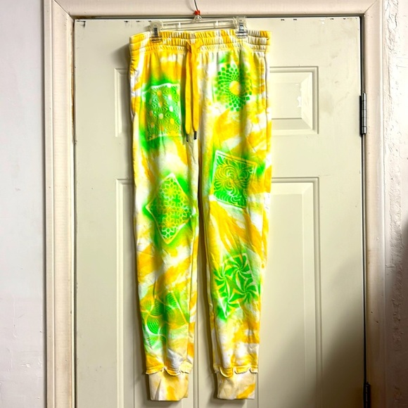Yellow tie-dye, glow in the dark green graffiti sweat pants - Picture 1 of 4